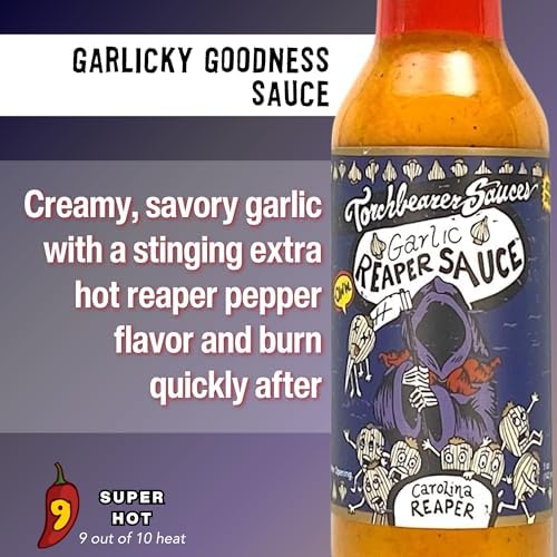 Torchbearer Sauces Garlic Reaper Sauce, 5oz Garlic & Carolina Reaper Hot Sauce, Heat Level 9 - Featured on Hot Ones - All Natural, Extract-Free, Made in USA