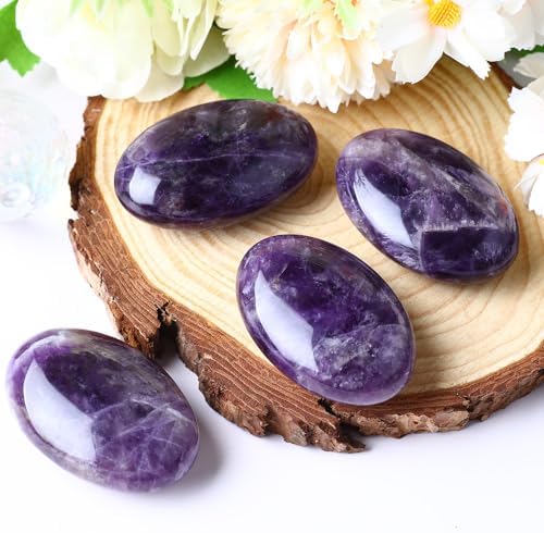 Amethyst Palm Stone Crystal Natural Chakra Therapy Polished Healing Crystal Oval Pocket Gemstone for Anxiety Stress Relief