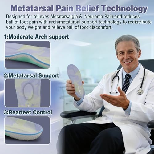 Metatarsal Arch Support Insoles for Men & Women - Comfortable Ball of Foot Pain & Neuroma Pain Relief - Full Size Orthotic Gel Inserts & Air Cushion Heel - No Trimming Needed,Size 6 Men/8 Women