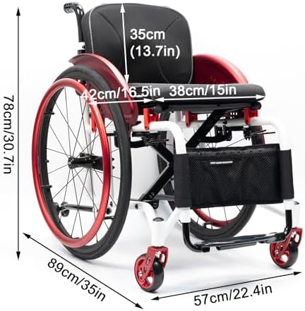 Sports Wheelchair for Adult, Lightweight Sports Folding Wheelchair,Self-propelled Manual Chair with Anti-Tipper, Transport Wheelchair,Aluminum,24” Rear Wheels(Seat Width 38cm/15in,A)