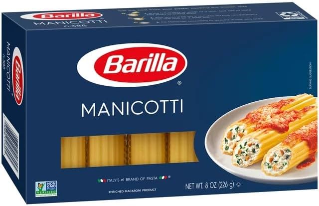 Barilla Manicotti Pasta, 8 oz. Box - Non-GMO Pasta Made with Durum Wheat Semolina - Kosher Certified Pasta