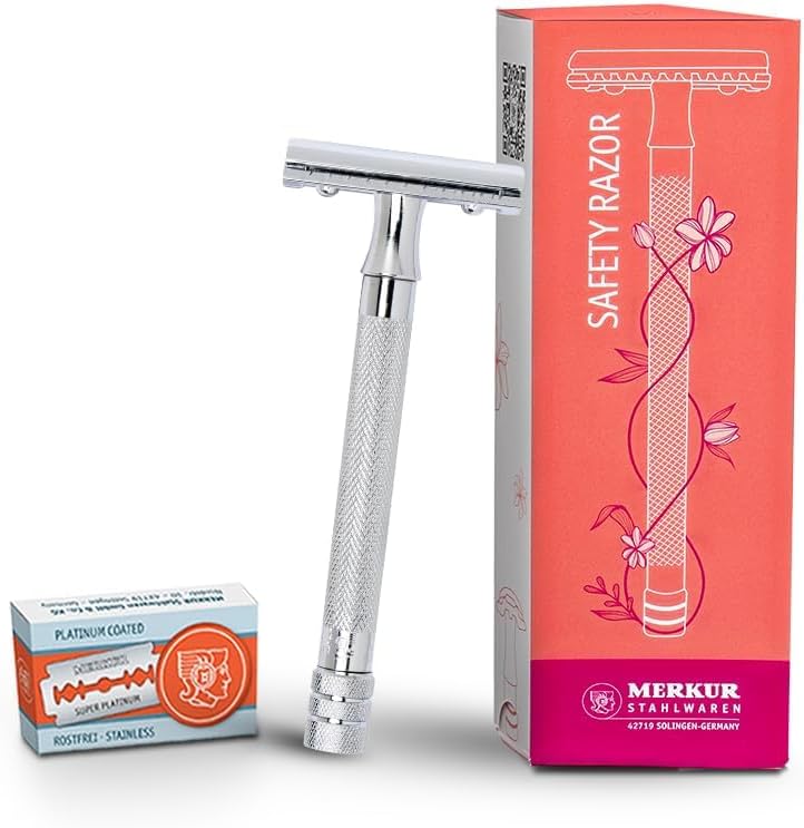 MERKUR 24C Safety Razor For Women with 10 Double Edge Blades | Extra Long Handle | Three-piece Razor | Straight Cut | Bright Chrome Finish | Made in Germany