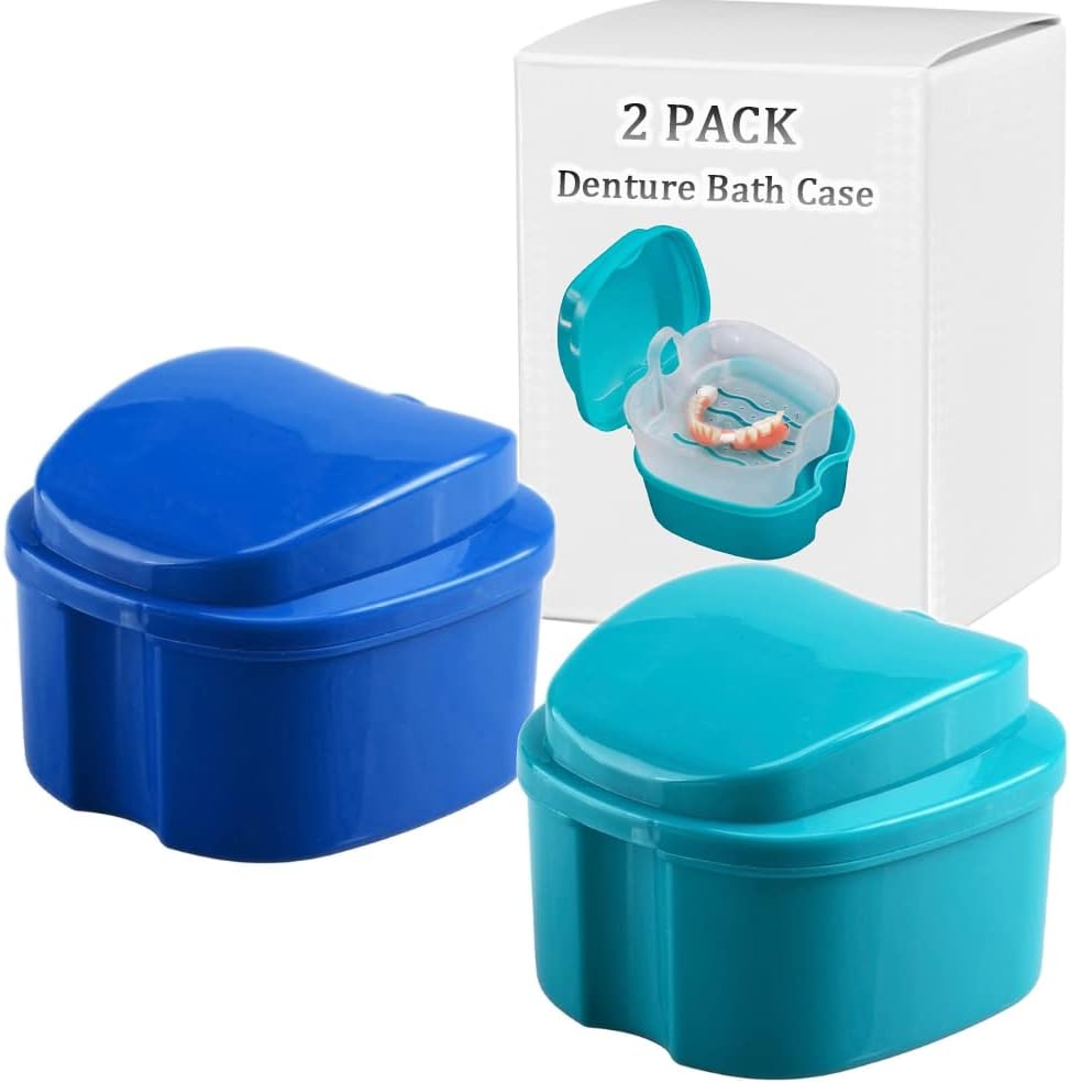 Denture Bath Box Cup, Complete Clean Care for Dentures, Clear Braces, Mouth Guard, Night Guard & Retainers, Traveling (Navy Blue & Blue)