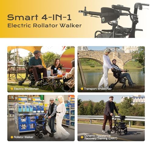 4 in 1 Rollator Walker Electric Wheelchair Combo,Electric Rollator Walker with Power Assist,Foldable Lightweight Transport Wheelchair,600W Magnesium Alloy Motor–Ideal for Elderly & Rehab