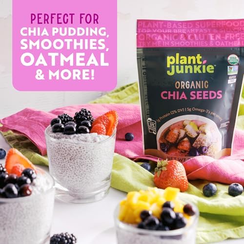 Plant Junkie Organic Chia Seeds, 8oz, USDA Organic, Non-GMO, Gluten Free, Kosher, 37% DV of Fiber, for Smoothies, Baking & More