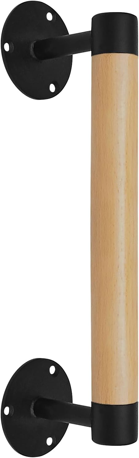 1ft Wood Handrail for Indoor Stairs, Wood Staircase Handrail W/s Black Sturdy Metal Brackets, Stair Banister Railing Wooden Safety Grab Bar for Elderly & Kids