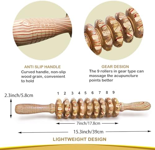 Wooden Massager Handheld Roller Trigger Point Massager Stick for Fascia, Cellulite, Muscle & Abdomen , Body Therapy Massager, Muscle Belly Relief Tool…