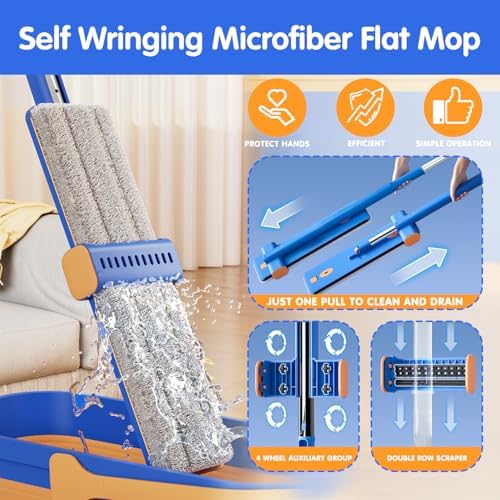 16.5" Self Wringing Flat Mop and Bucket Set, 55" Long Handle Microfiber Mop for Floor and Wall Cleaning, Hands-Free Wet & Dry Mop with Squeegee, 5 Replacement Pads & Collapsible Bucket