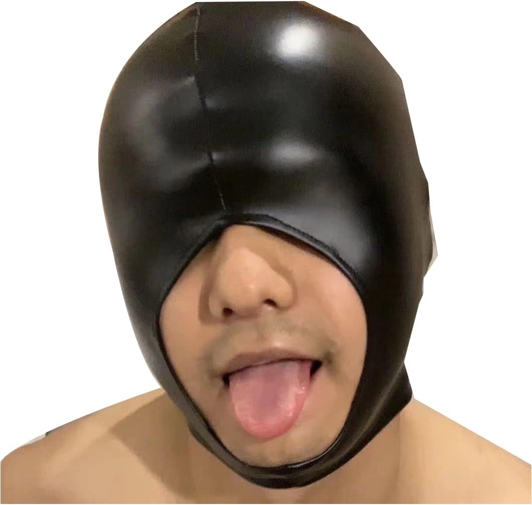PU Leather Latex Head Cover Mask, Eye Mask Show Nose and Mouth, Black, One Size