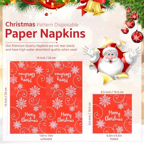 Trimming Shop Christmas Disposable Napkins with Snowflakes Design 2 Ply Paper 33cm x 33cm Cocktail Napkins for New Year Winter Dinner Party Supplies Decoration Pack of 20