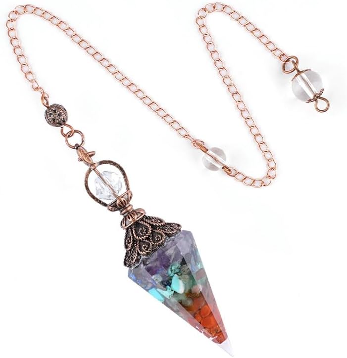 7 Chakra Healing Crystal Pendulum Necklace - 6 Faceted Hexagonal Pointed Cone Gemstone Pendant - Reiki Wicca Spiritual Divination Dowsing Tool with Chain - Natural Stone Energy Jewelry for Meditation