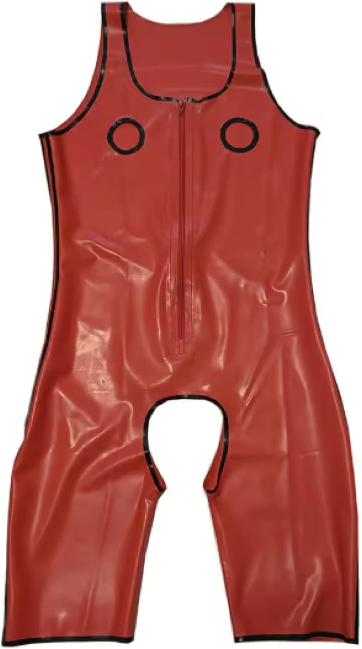 Latex Mens Catsuit With Breast Holes Crotch Opened Rubber Sleeveless Bodysuit