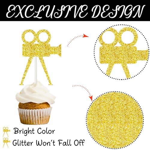 Theatrical Mask Cupcake Toppers 24PCS Comedy Movie Night Cake Decorations Film Theme Birthday Party Decoration for Hollywood Movie Festival Party Supplies Glitter Gold and Black