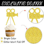 Theatrical Mask Cupcake Toppers 24PCS Comedy Movie Night Cake Decorations Film Theme Birthday Party Decoration for Hollywood Movie Festival Party Supplies Glitter Gold and Black