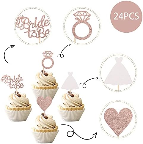 24 PCS Bride to Be Cupcake Toppers with Heart Ring Dress Bridal Shower Cupcake Picks Wedding Engagement Bachelorette Party Cake Decorations Supplies