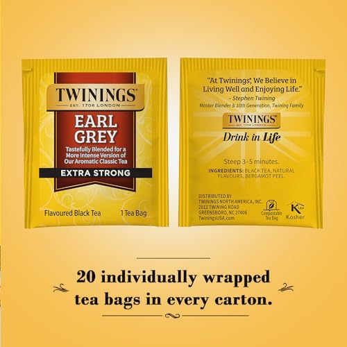 Twinings Earl Grey Tea Extra Strong 2-Pack – A Bright and Zesty Black Tea Infused with Citrus Bergamot Flavours, Caffeinated Tea Bags, Individually Wrapped, 20 Count Ea