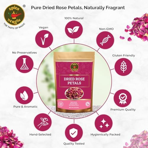 Spice Magic Dried Rose Petals | 100% Natural & Edible Rose Petals I Perfect for Herbal Teas, Desserts, Cupcake Toppings, Crafts and Decoration | Net Wt 2oz (57g)