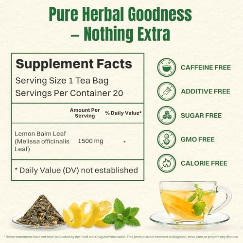 Hiihone Lemon Balm Tea Bags 20 Count – Pure & Natural Lemon Balm Tea, Caffeine-Free Herbal Tea, Calming & Soothing, Non-GMO, Fresh Citrusy Flavor