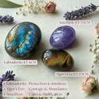 Protection & Anxiety Relief Crystal Set - Polished Palm Stones Labradorite, Tiger Eye & Amethyst, Worry Stones Trio for Meditation, Yoga, Travel Protection, Aura Cleansing & Chakra Balance