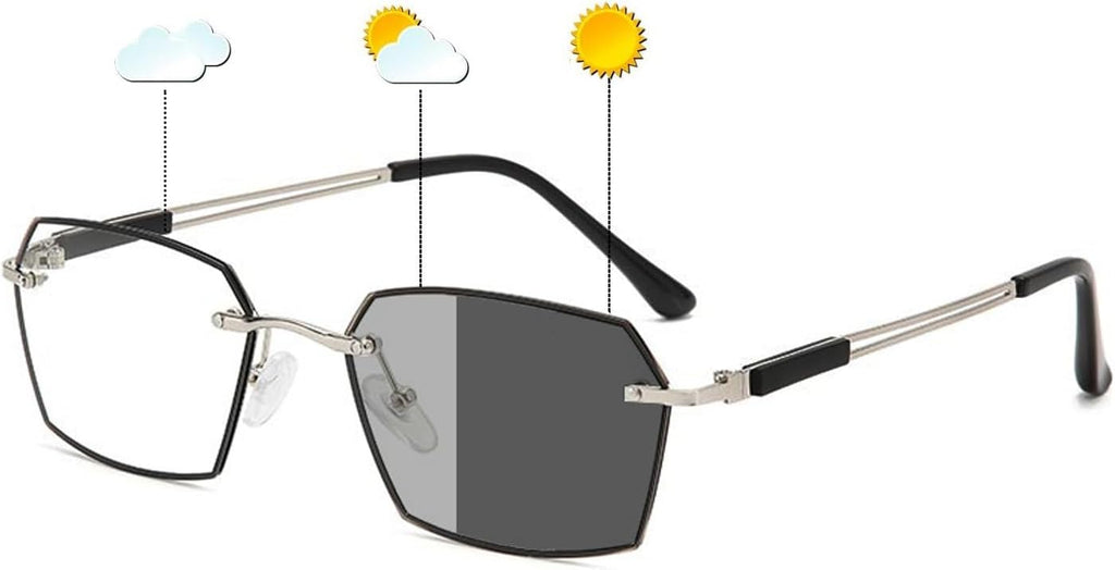 Photochromic Blue Light Blocking Reading Glasses for Men, Stylish Rimless Computer Readers, Anti UV Eyeglasses (Color : Silver, Size : 1.5x)