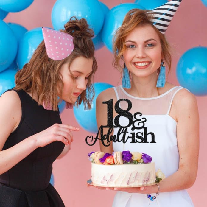 18th Birthday Cake Topper Black Glitter Happy 18th Bday Cake Topper 18 Cake Topper and Adultish for 18 Birthday Decorations 18th Birthday Decor 18 Bday Decorations for Girls Boys