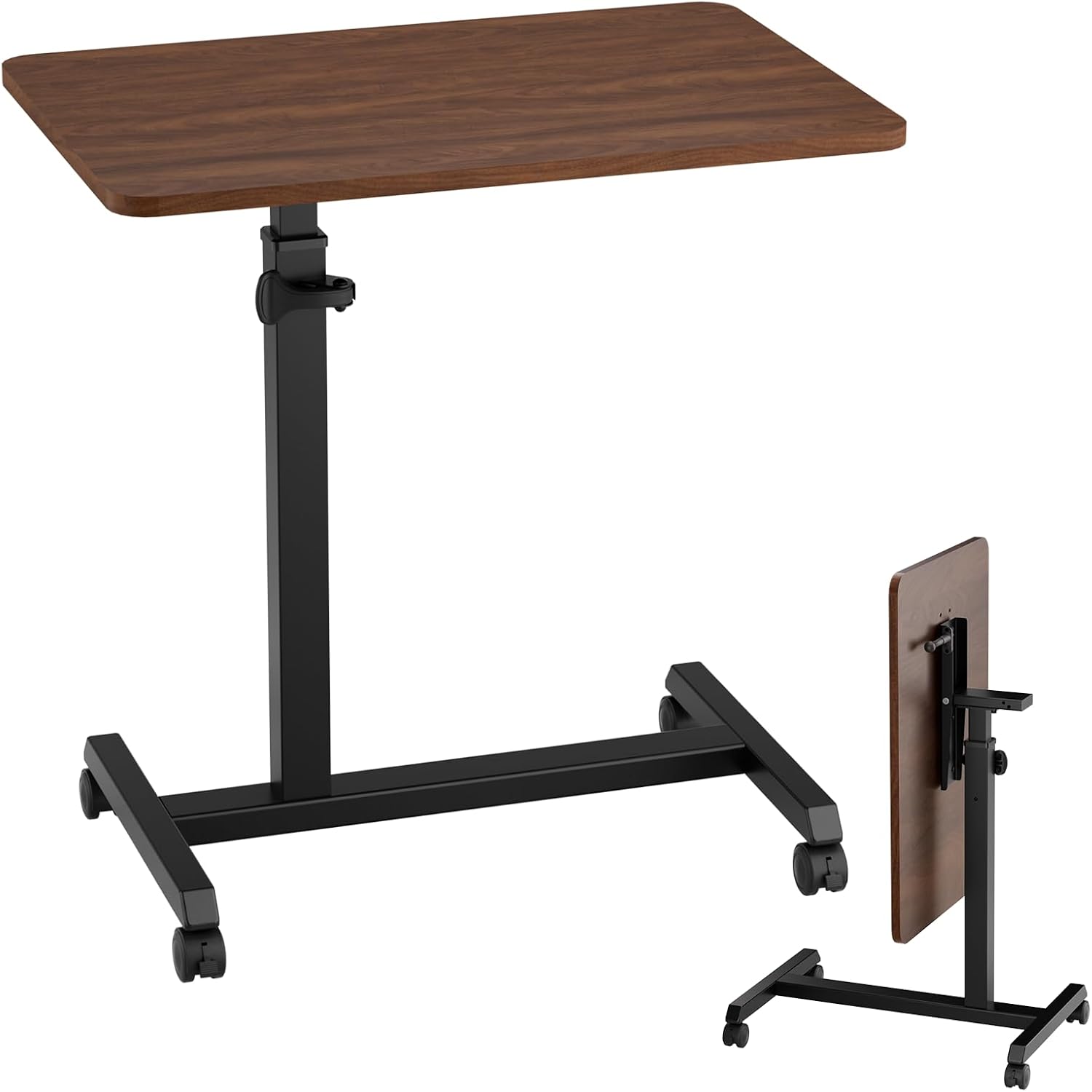 COMHOMA Adjustable Overbed Bedside Table with Lockable Wheels, Foldable Mobile Rolling Laptop Desk, Height Adjustable Standing Desk Bed Table for Hospital and Home Use, Walnut