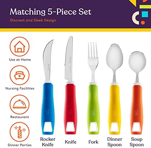 Special Supplies Adaptive Utensils (5-Piece Kitchen Set) Wide, Non-Weighted, Non-Slip Handles for Hand Tremors, Arthritis, Parkinson’s or Elderly Use - Stainless Steel Knives, Fork, Spoons