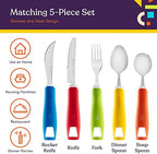 Special Supplies Adaptive Utensils (5-Piece Kitchen Set) Wide, Non-Weighted, Non-Slip Handles for Hand Tremors, Arthritis, Parkinson’s or Elderly Use - Stainless Steel Knives, Fork, Spoons