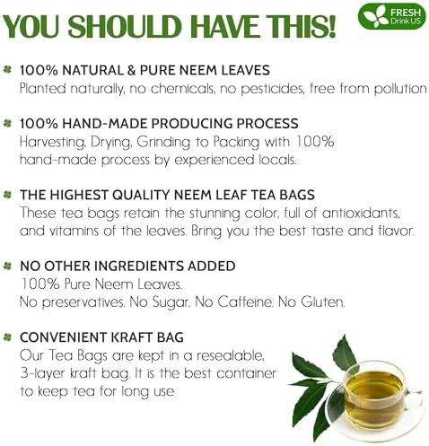 FreshDrinkUS, Premium 33 Neem Leaf Tea Bags, 100% Natural and Pure from Neem Leaves. Herbal Tea. No Sugar, No Caffeine, No Gluten, Vegan.