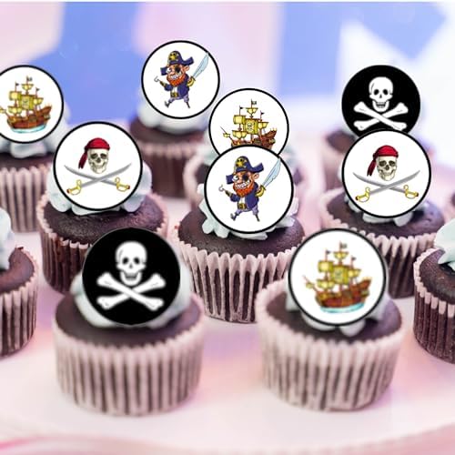 Pirate Edible Cupcake Toppers, Treasure Theme Edible Cake Decorations, Pirate Party Decorations for Cake Decorating, Pirates-Treasure Cookie Toppers for Birthdays PRECUT 24 x 4cm / 1.5 inch
