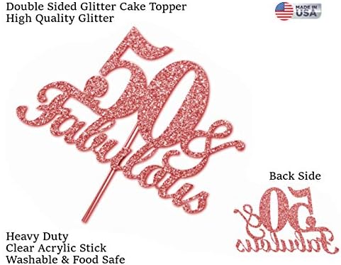 Fabulous & 50 Rose Gold Glitter Cake Topper, 50th Birthday Party Decorations Ideas, Premium Quality Decoration, Sturdy Doubled Sided Glitter, Acrylic Stick. Made in USA