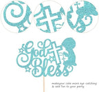 Rsstarxi 1 Pack God Bless Cake Topper Glitter God Bless Boy First Communion Baptism Cake Pick Decorations for Baptism Baby Shower Birthday Party Cake Decorations Blue