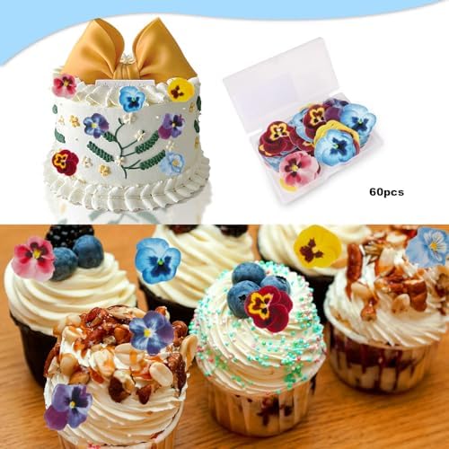 Edible Flowers Cake Decorations Set of 60PCs, Edible Pansies Cake Decorations Wafer Paper Flower Cupcake Toppers for Various Occasions
