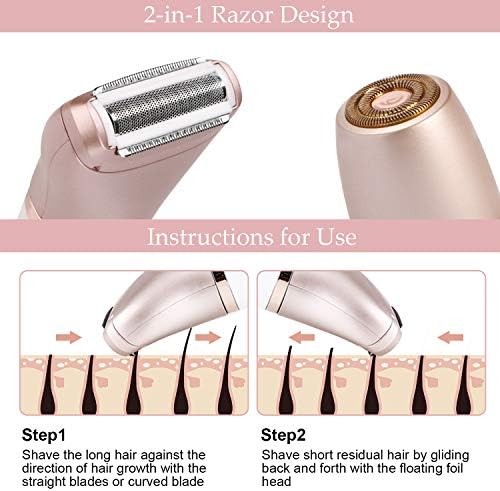 Electric Razors for Women - Painless 2-in-1 Shaver for Women Hair Remover for Face, Legs and Underarm Wet & Dry, Portable Bikini Trimmer, Lady Hair Removal with 2 Trimmer Heads- Micro USB Recharge