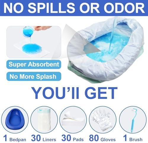 Bed Pan Set with 30 Disposable Liners, 30 Absorbent Pads, 80 Gloves and a Cleaning Brush – Durable Bed Pan for Women, Bed Pans for Elderly Men – Comfortable Bedpans for Home Use
