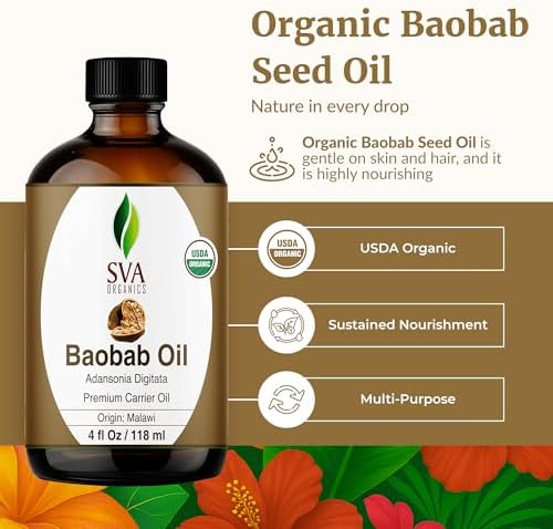 SVA Baobab Seed Oil Organic - 4 Fl Oz – 100% Natural Cold Pressed Organic Baobab Oil - for Face, Skin Care, Hair Care, Scalp Massage & Body Massage – Carrier Oil with Dropper