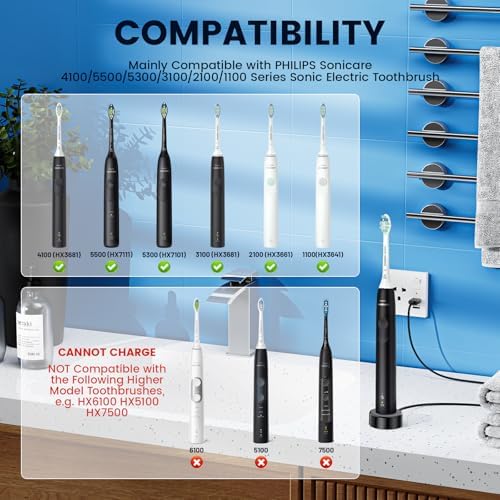Replacement Charger Base Compatible with Philips Sonicare 5900 5500 5300 4100 3100 2100 1100 Series Rechargeable Electric Toothbrush HX3681 Power Brush USB Waterproof Charging Base Power Cord - Black