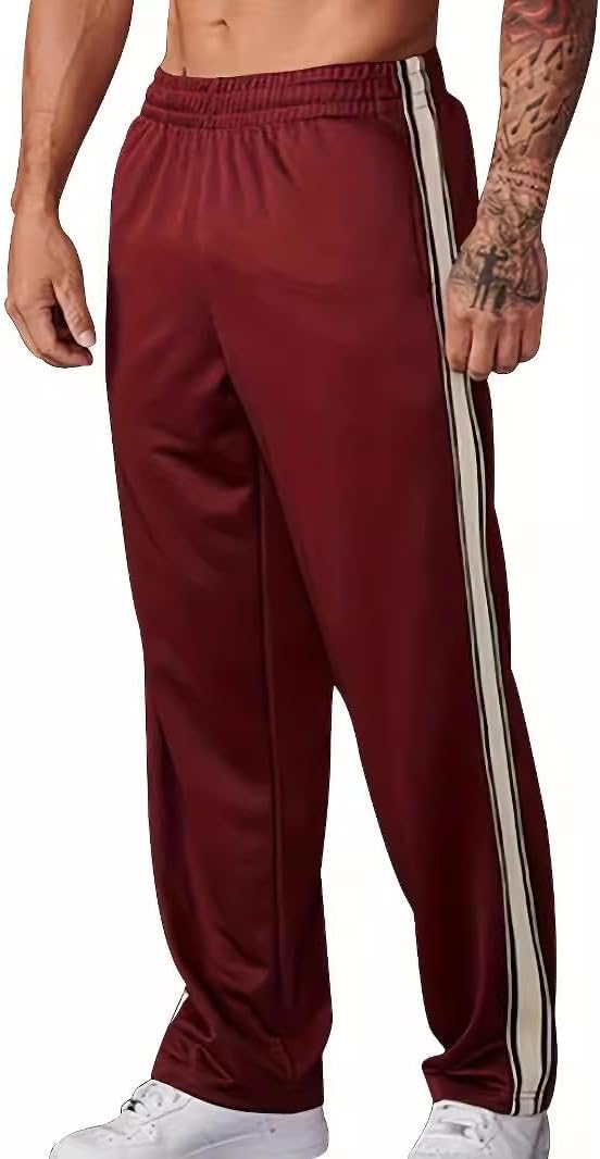 Men's Athletic Track Pants with Side Stripes, Elastic Waistband Sports Jogger Trousers for Gym, Workout, and Casual Wear