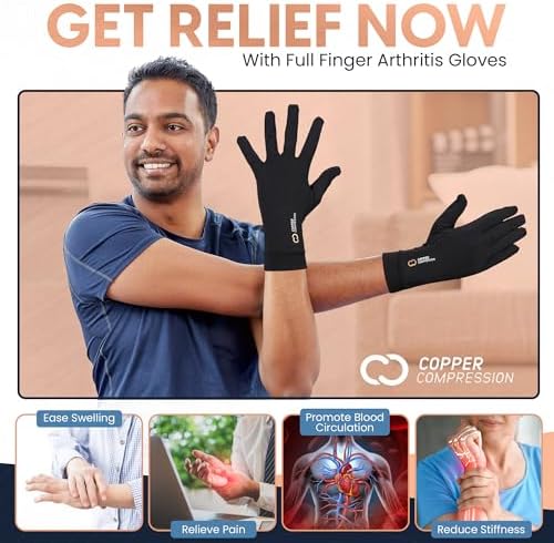 Copper Compression Full Finger Arthritis Gloves - Palm Grips - Touch Screen Fingertips - Compression Support for Carpal Tunnel, Pain Relief, Tendonitis - Fits Men & Women - 1 Pair - M