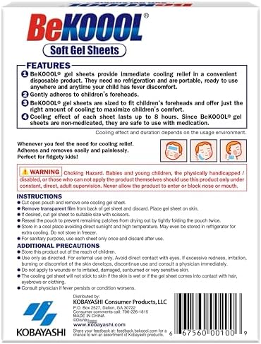 BEKOOOL Soft Gel Sheets for Kids for Cooling Relief from Fever discomfort | 4 Count