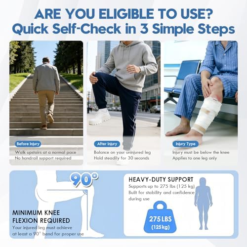 Hands Free Knee Crutch with Stable 4-Prong Base, Lightweight Aluminum,Left/Right Leg Support for Foot & Ankle Surgery Recovery,Not for Elderly or Balance-Impaired,Includes Bonus Spare Pad Set
