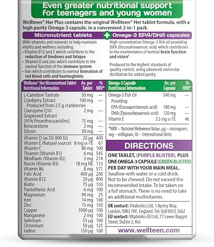 Vitabiotics Wellteen Her Plus Omega-3 - Advanced Nutritional Support for Teenagers and Young Women Ages 13-19 - 56 Tablets and Capsules