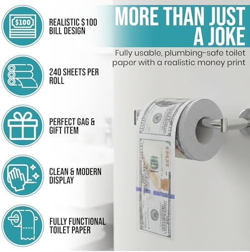 Iconikal 240-Sheet Gag Joke Money Toilet Paper, $100 Dollar Bill, 1 Roll