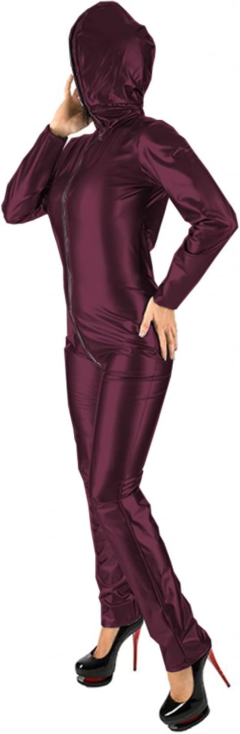 Leather Long Sleeve High Weist Elastic Wet Look PVC Zip Front Hooded Bodysuit Costumes Jumpsuit,Dark Red,7XL