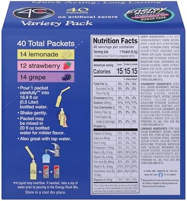 4C Energy Rush PSD with Electrolytes Variety Pack Stix, 40 ct (14 Lemonade, 12 Strawberry/14 Grape)