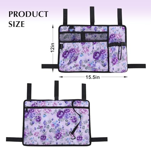 Walker Accessories for Folding Bag Walker Seniors Organizer Storage Pouch Cup Holder Carry with Pockets Detachable -Purple Flower