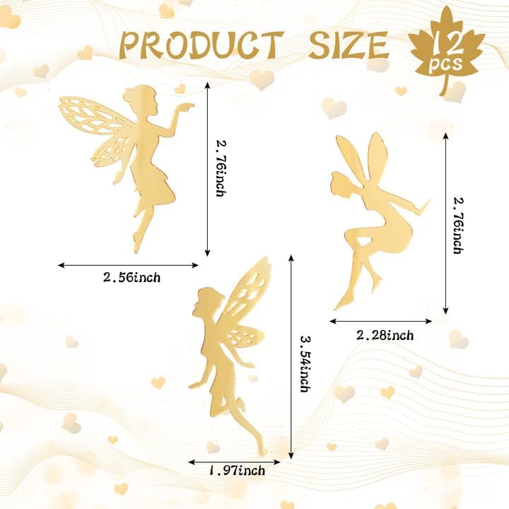 12 PCS Fairy Cake Topper Acrylic Fairy Cake Decorations DIY Mirror Birthday Party Decorations Cupcake Toppers for Flower Decor Birthday Party Garden (Gold & Silver) Back to School