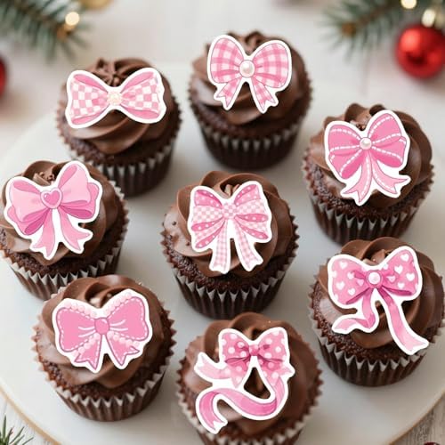 48Pcs Edible Pink Bow Cupcake Toppers Wafer Paper Bowknot Cake Decoration She is Trying the Knot Cupcake Toppers Edible Coquette Bows for Bow Theme Birthday Party Decoration Supplies