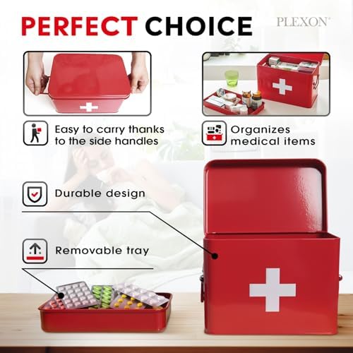 Plexon 8.5" Metal First Aid Box Empty, Medicine Storage Bin with Lid, Emergency Supplies Organizer, Portable First Aid Kit Case, Red