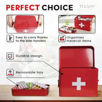 Plexon 8.5" Metal First Aid Box Empty, Medicine Storage Bin with Lid, Emergency Supplies Organizer, Portable First Aid Kit Case, Red